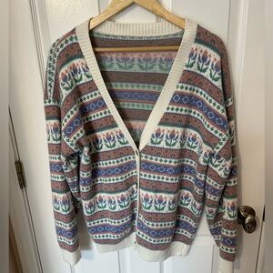 Vintage Womens Fair Isle Cardigan Medium/Large Pastel Scandi Nordic Cottagecore